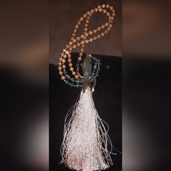 Labradorite, frosted glass gemstone tassel necklace wood beads adjustable signed - Picture 8 of 15